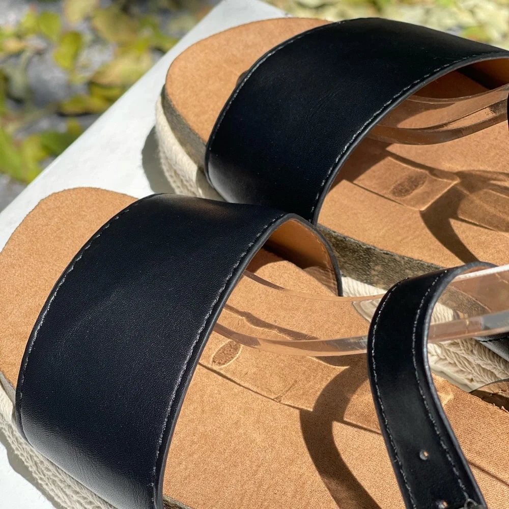 Qupid Cancun Black Rafia Espadrille Cork Wedge Platform Sandal - Picture 10 of 12